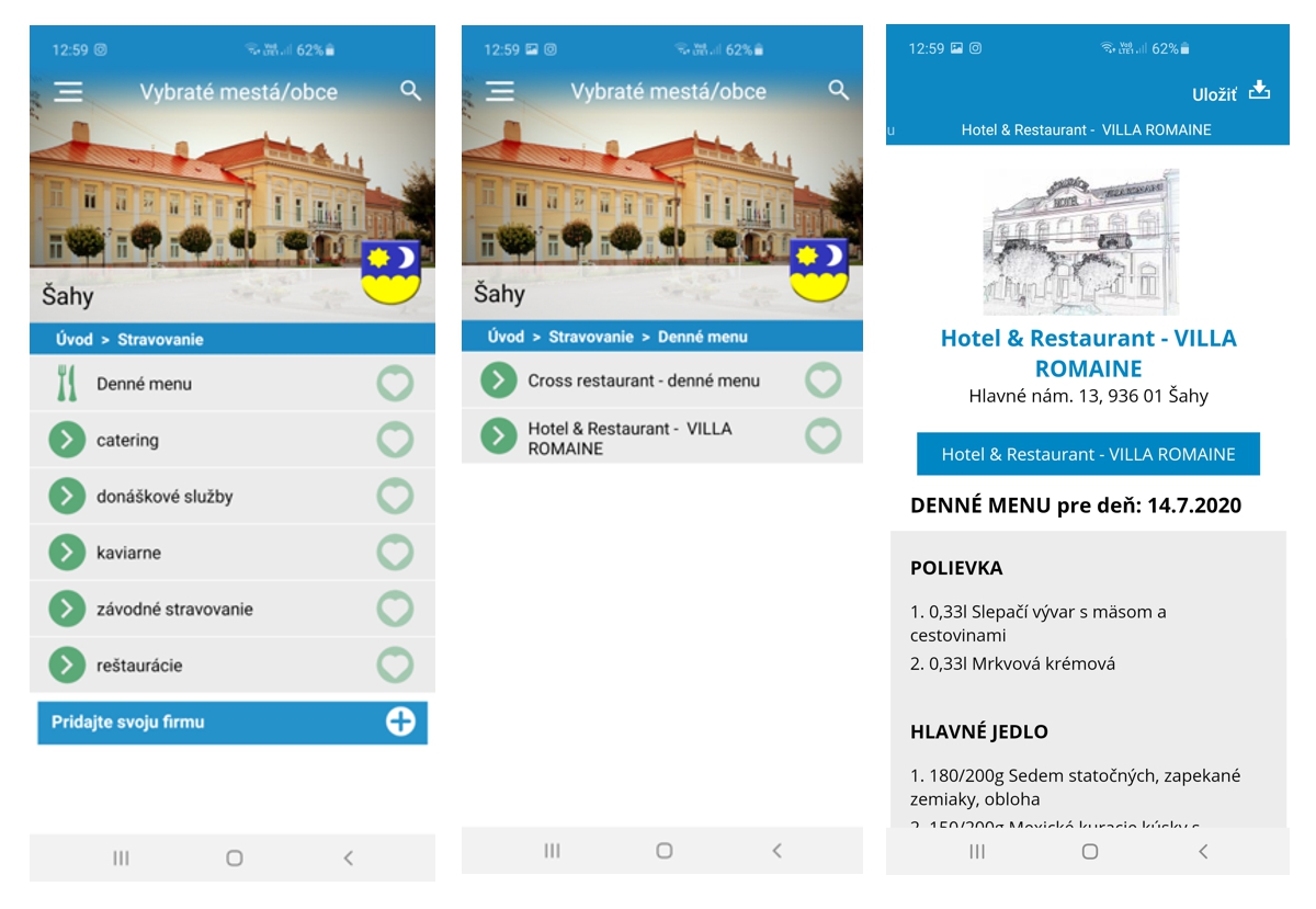 Denné menu reštaurácie na stránke mesta v mobilnej aplikácii Virtualne